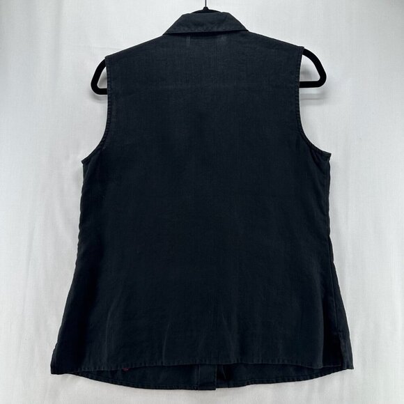 Style & Co Linen Blouse Womens 10 Button Up Sleeveless Embroidered Flowers Black - Picture 2 of 10